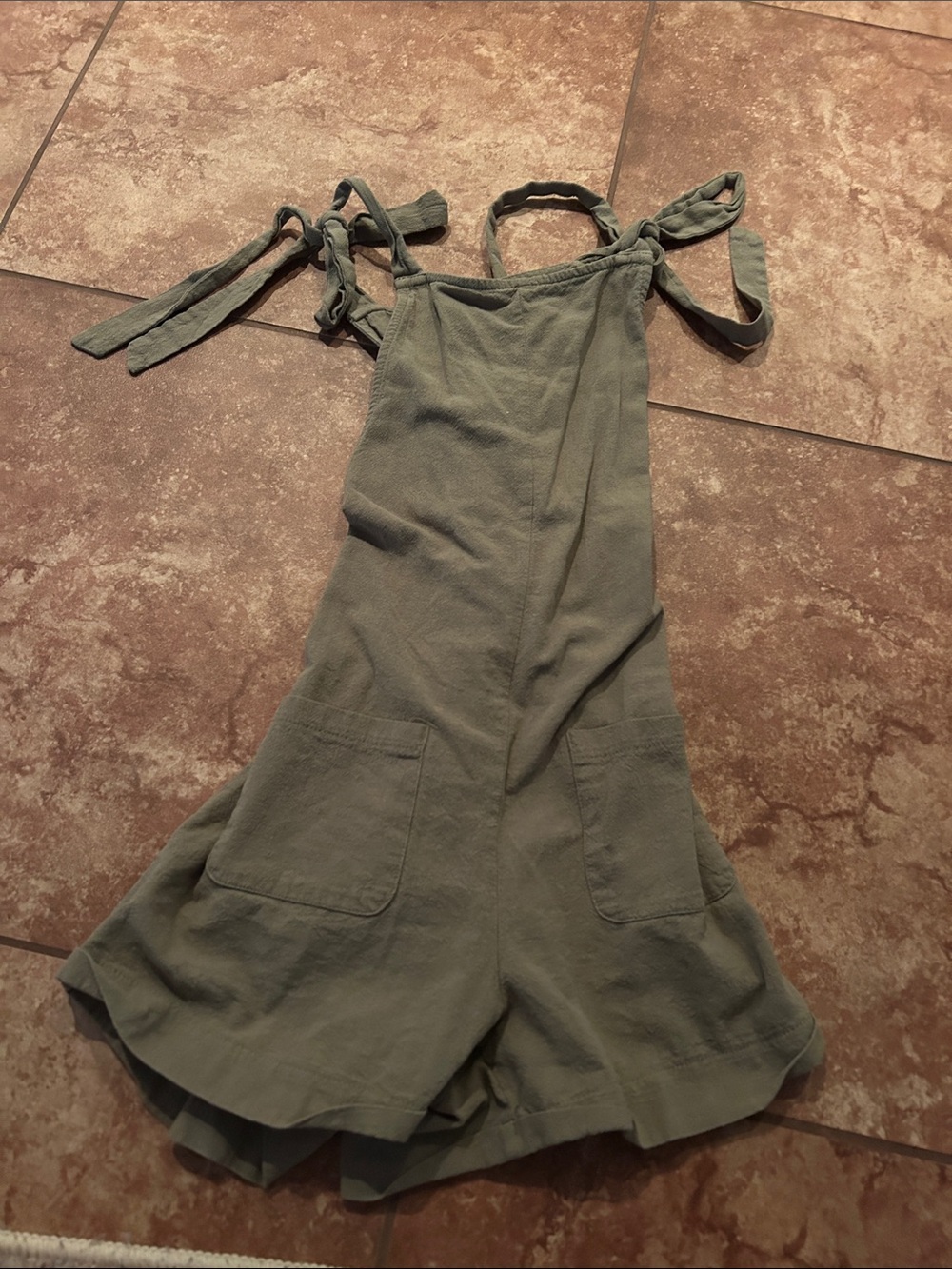Tie-Shoulder Olive Green Linen Romper